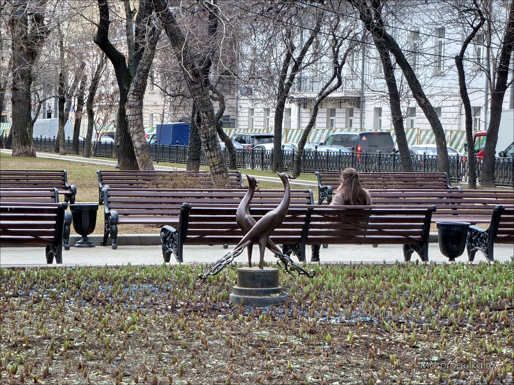 Павлины у памятника Сергею Есенину на Тверском бульваре